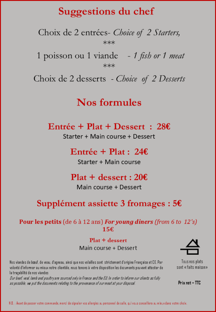 Carte du restaurant l'Armateur 2026